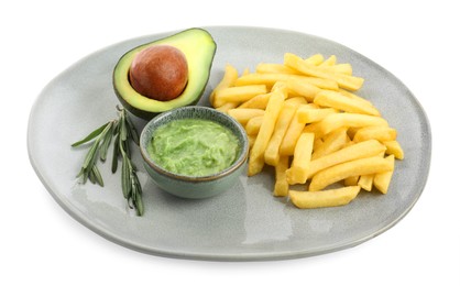 Photo of Plate with delicious french fries and avocado dip isolated on white
