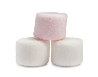 Photo of Delicious sweet puffy marshmallows on white background