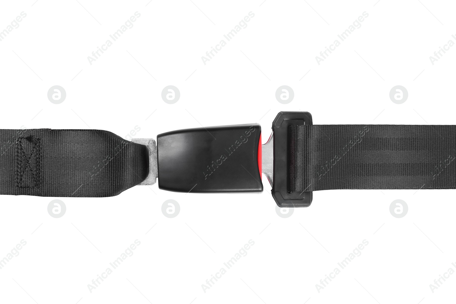 Photo of Fastened car safety seat belt on white background, top view