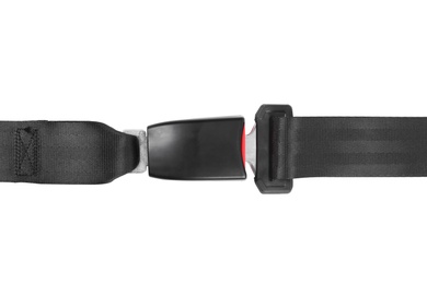 Photo of Fastened car safety seat belt on white background, top view