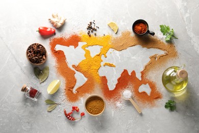 Photo of World map of different spices and products on light grey marble table, flat lay