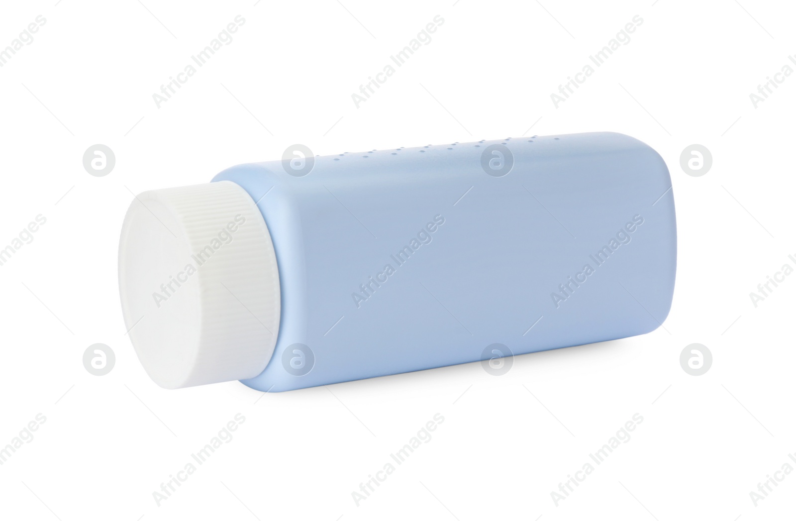 Photo of Bottle of dusting powder isolated on white. Baby cosmetic product