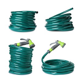 Image of Set with green rubber watering hoses on white background