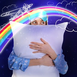 Image of Beautiful woman in pajamas with pillow dreaming about airplane flight, night starry sky on background 