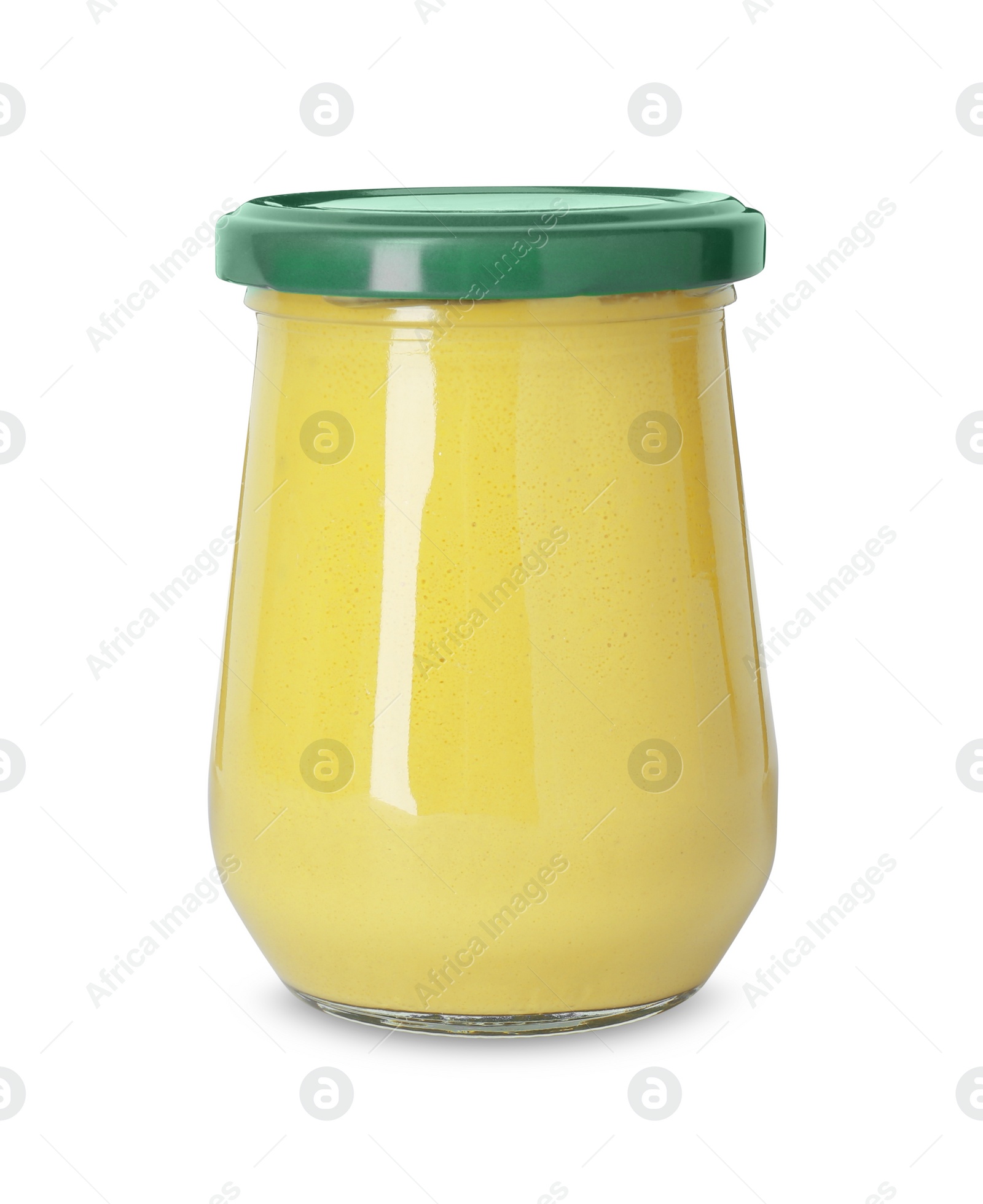 Photo of Fresh tasty mustard sauce in glass jar isolated on white