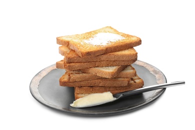 Plate with toasted bread and butter on white background