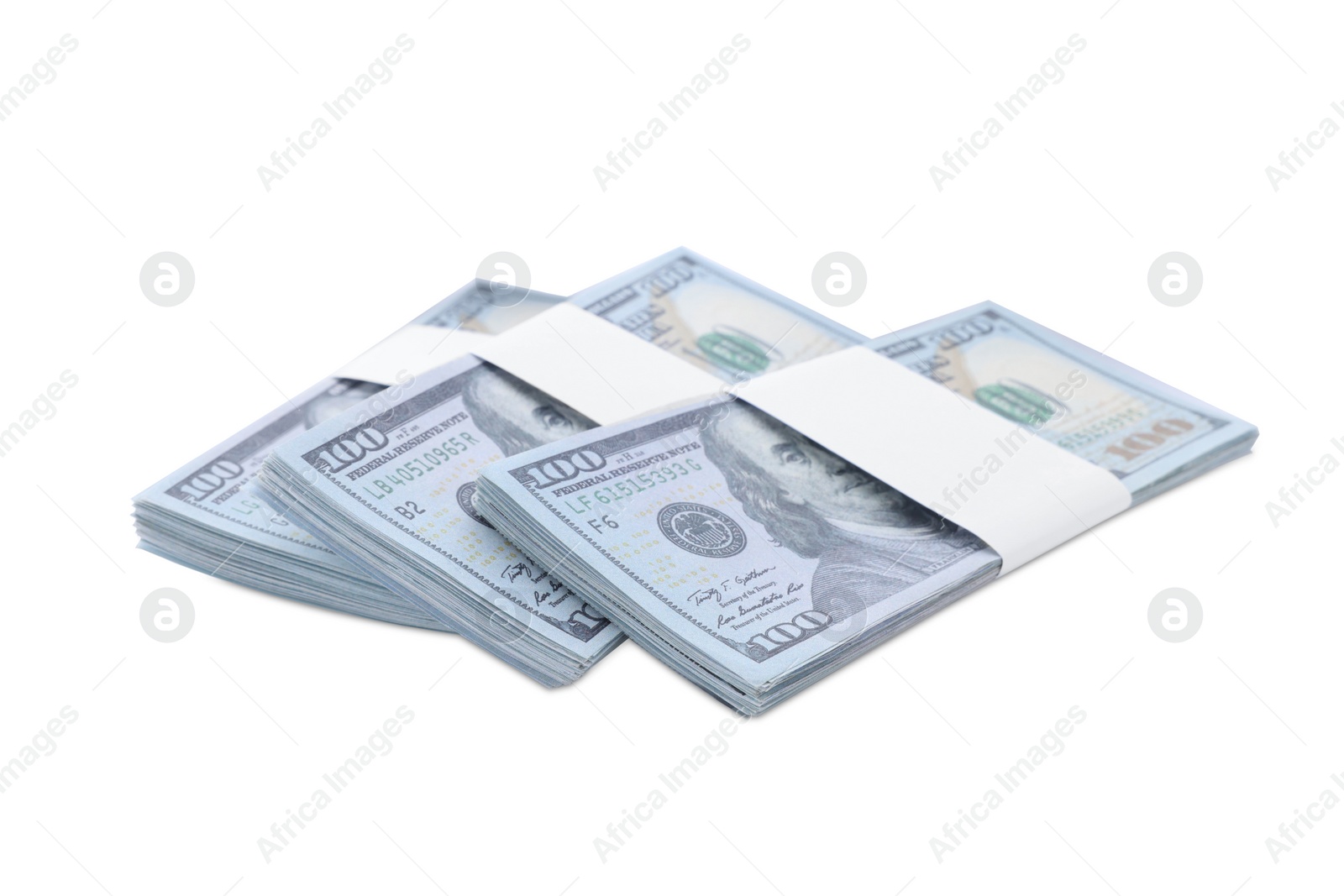 Photo of Bundles of dollar banknotes isolated on white. American national currency