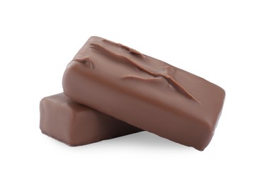 Two tasty chocolate bars on white background