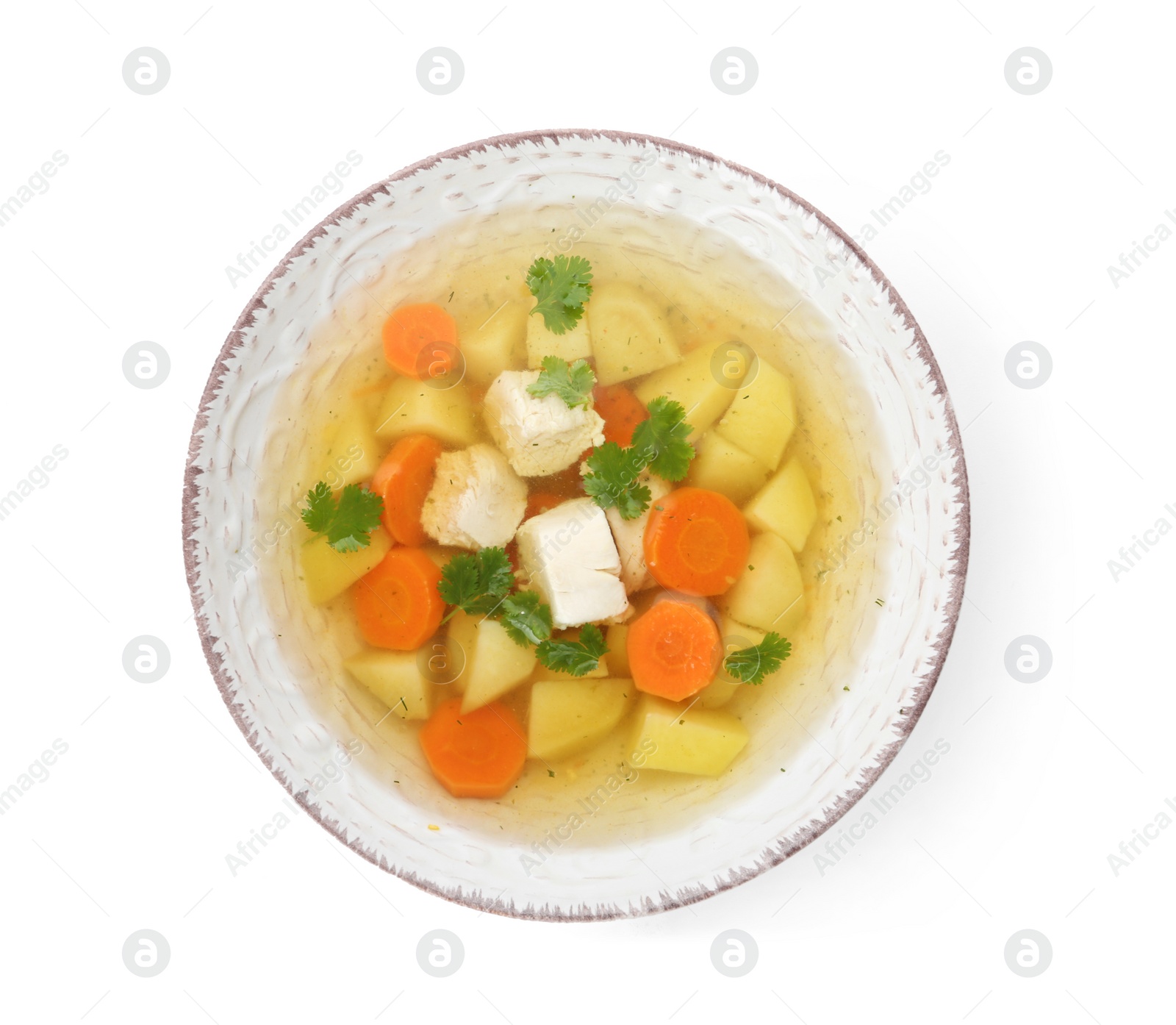 Photo of Dish with fresh homemade chicken soup on white background, top view