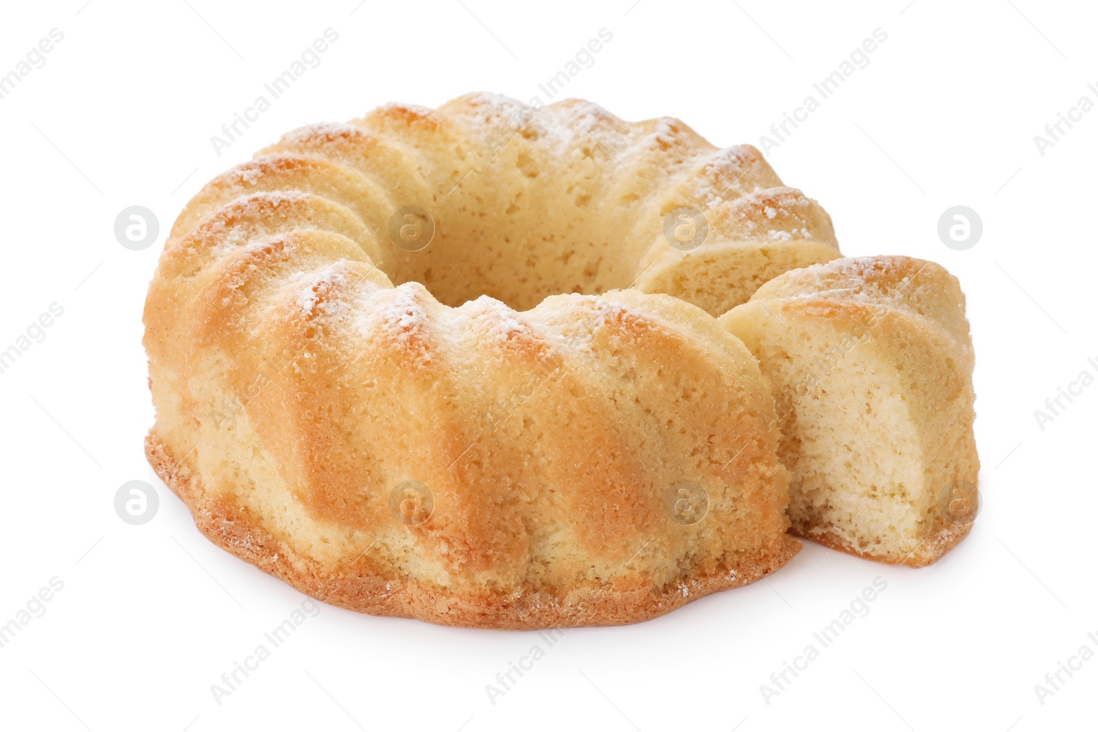 Photo of Delicious freshly baked sponge cake isolated on white