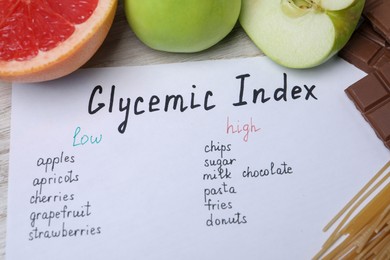 Paper with products of low and high glycemic index near food on table, above view