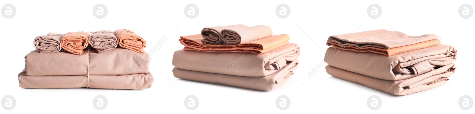 Image of Set with stacks of clean bed linen on white background. Banner design 