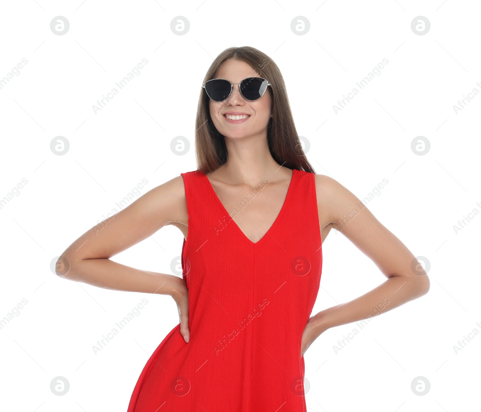 Photo of Young woman wearing stylish red dress on white background