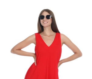 Young woman wearing stylish red dress on white background