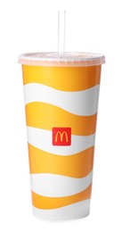 MYKOLAIV, UKRAINE - AUGUST 11, 2021: Cold McDonald's drink isolated on white