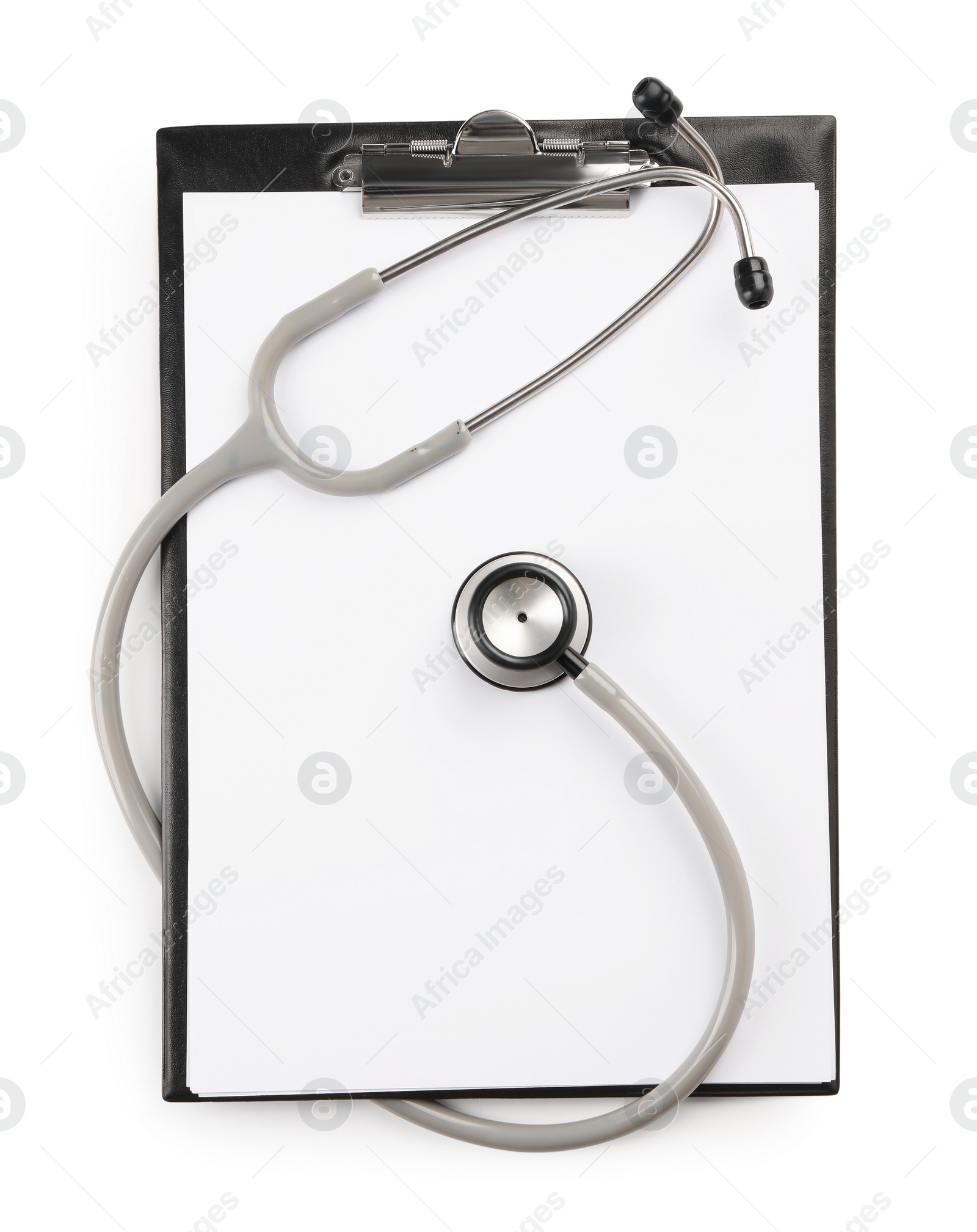 Photo of Stethoscope and clipboard isolated on white, top view. Medical tool