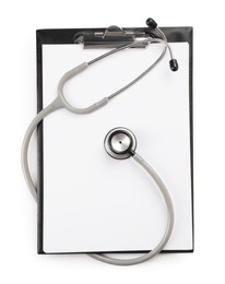 Stethoscope and clipboard isolated on white, top view. Medical tool