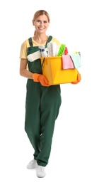 Photo of Female janitor with cleaning supplies on white background