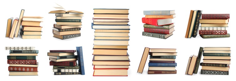 Image of Collection of different hardcover books on white background. Banner design