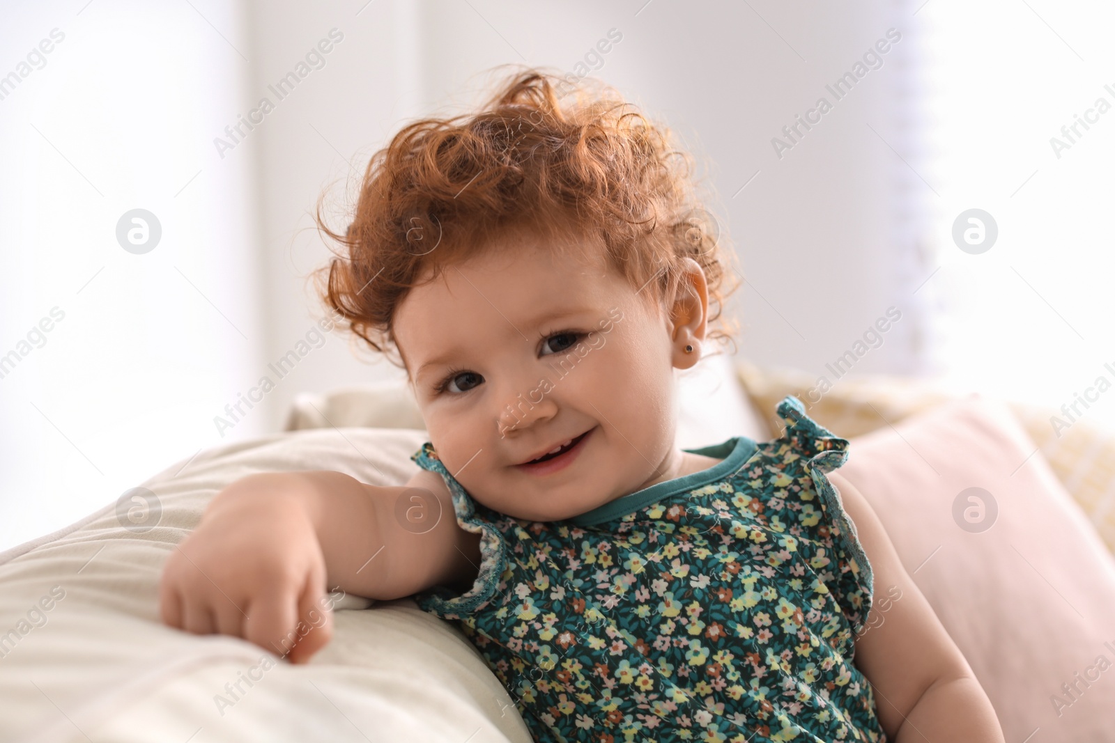 Photo of Portrait of cute little child on sofa at home