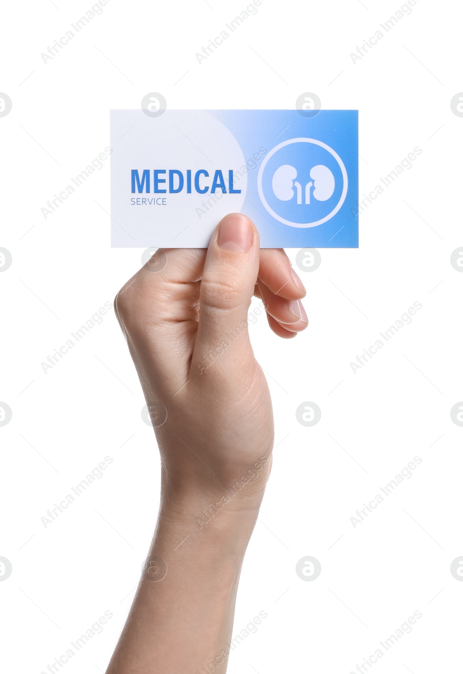 Photo of Woman holding medical business card isolated on white, closeup. Nephrology service