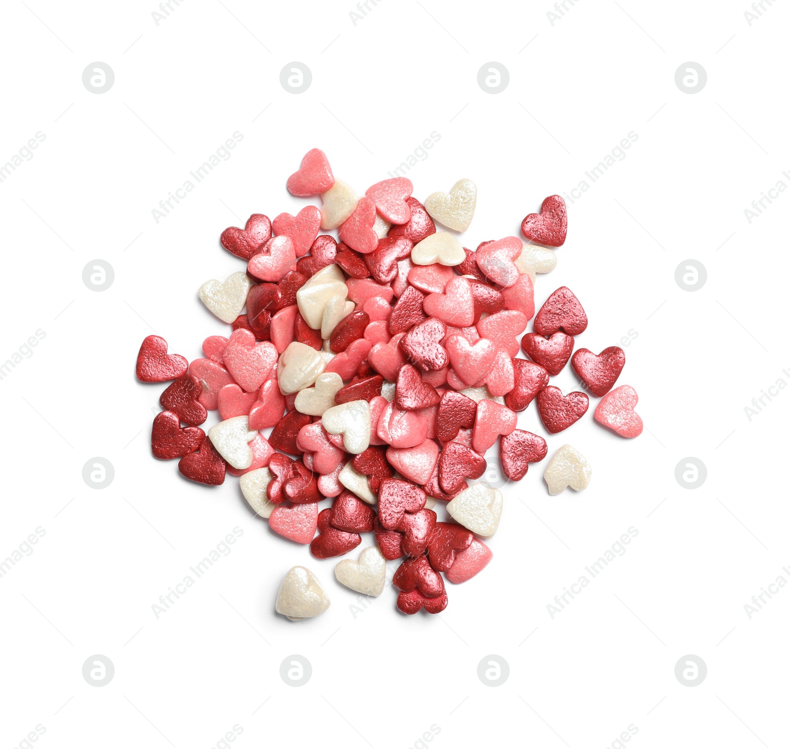 Photo of pile of sweet candy hearts on white background, top view