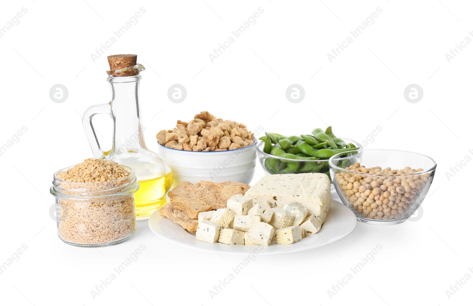 Photo of Different organic soy products on white background