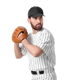 Photo of Baseball player with leather glove on white background