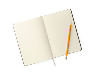 Photo of Open blank notebook with pencil isolated on white, top view