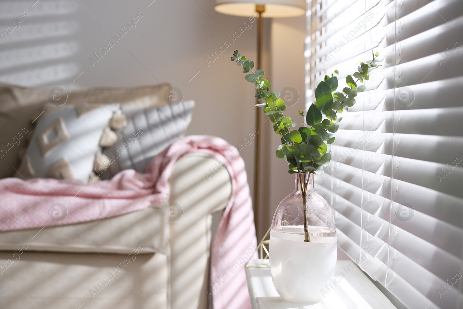 Photo of Vase with fresh eucalyptus branches on window sill in room. Interior design