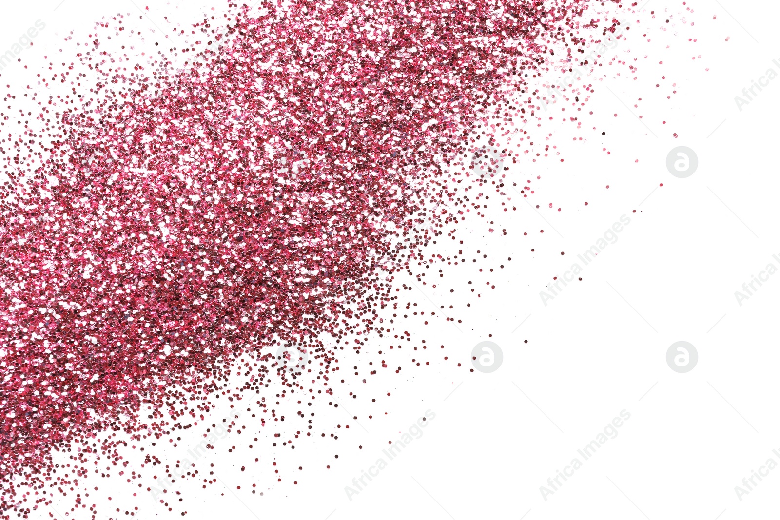 Photo of Pink glitter on white background, top view