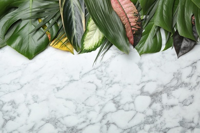 Photo of Flat lay composition with tropical leaves and space for text on marble background