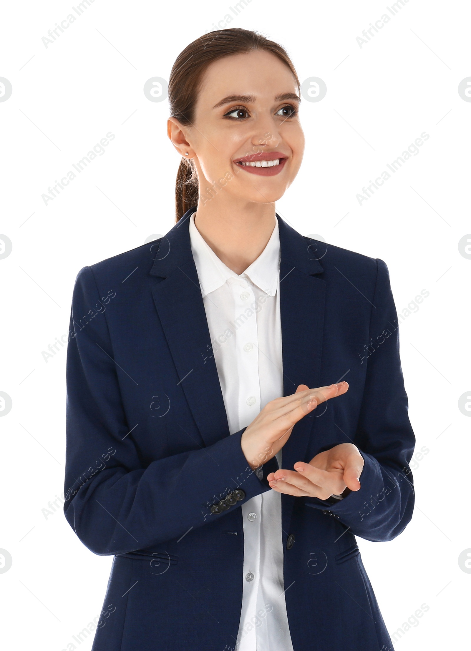 Photo of Professional business trainer clapping on white background