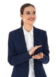 Professional business trainer clapping on white background