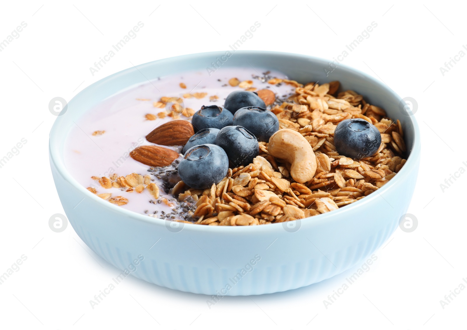 Photo of Bowl of tasty yogurt with blueberries and oatmeal on white background
