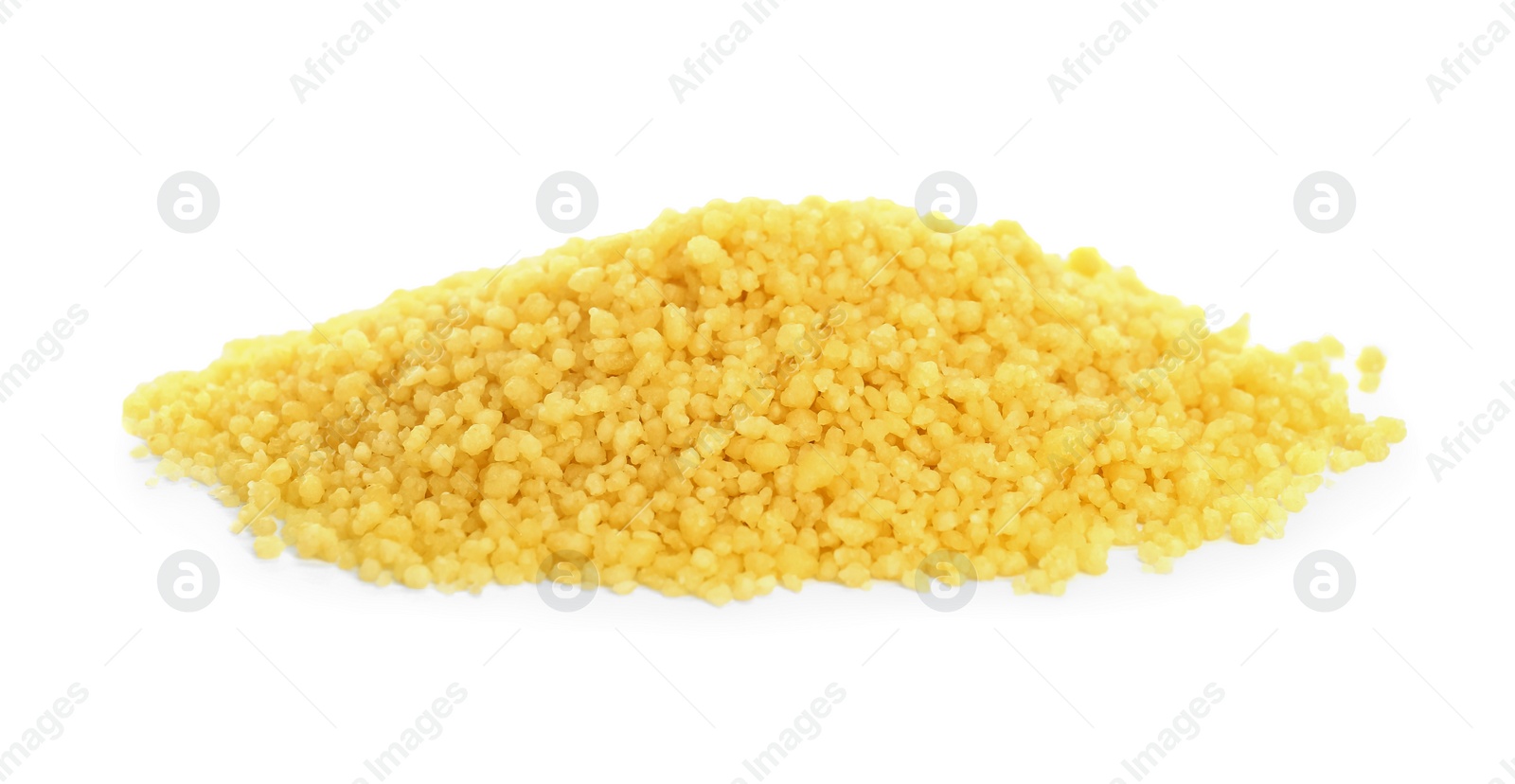 Photo of Heap of raw couscous on white background