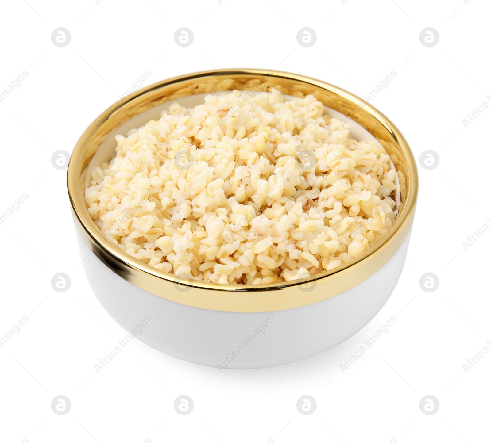 Photo of Cooked bulgur in bowl isolated on white