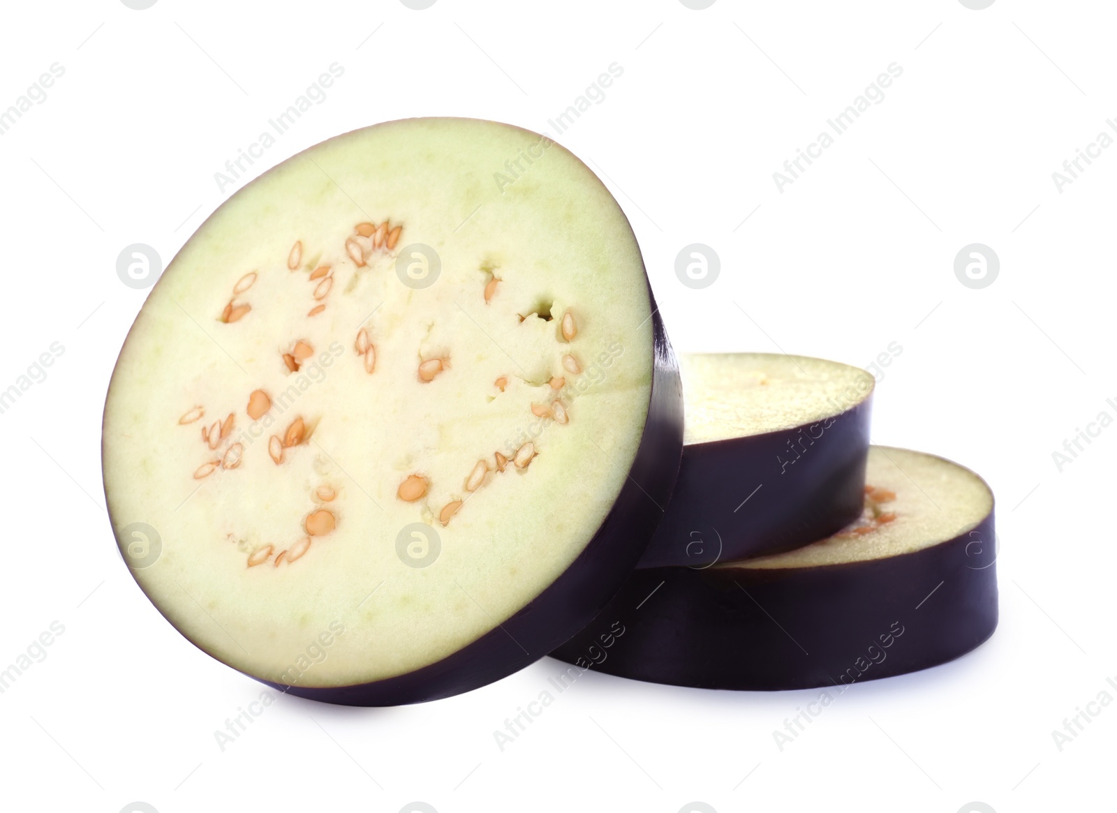 Photo of Slices of ripe eggplant isolated on white