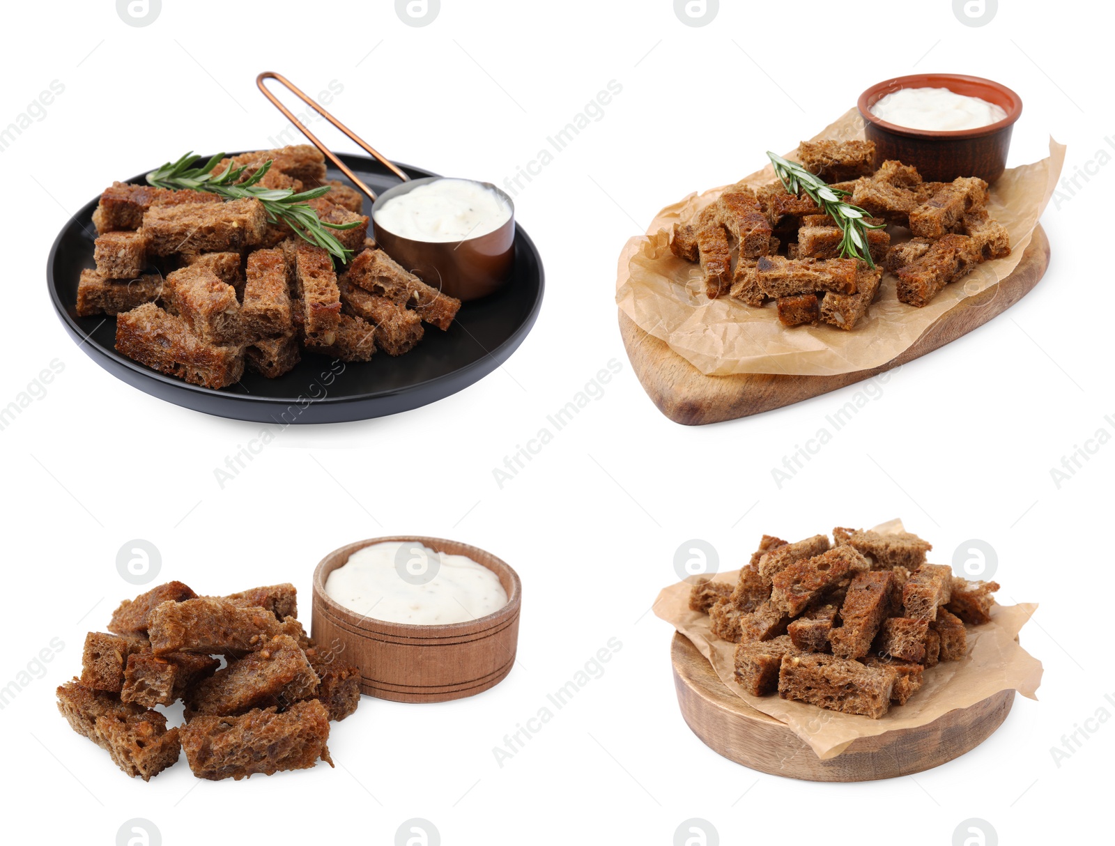 Image of Collage with tasty rye croutons on white background