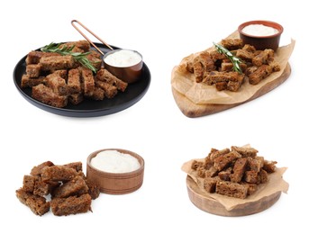 Image of Collage with tasty rye croutons on white background