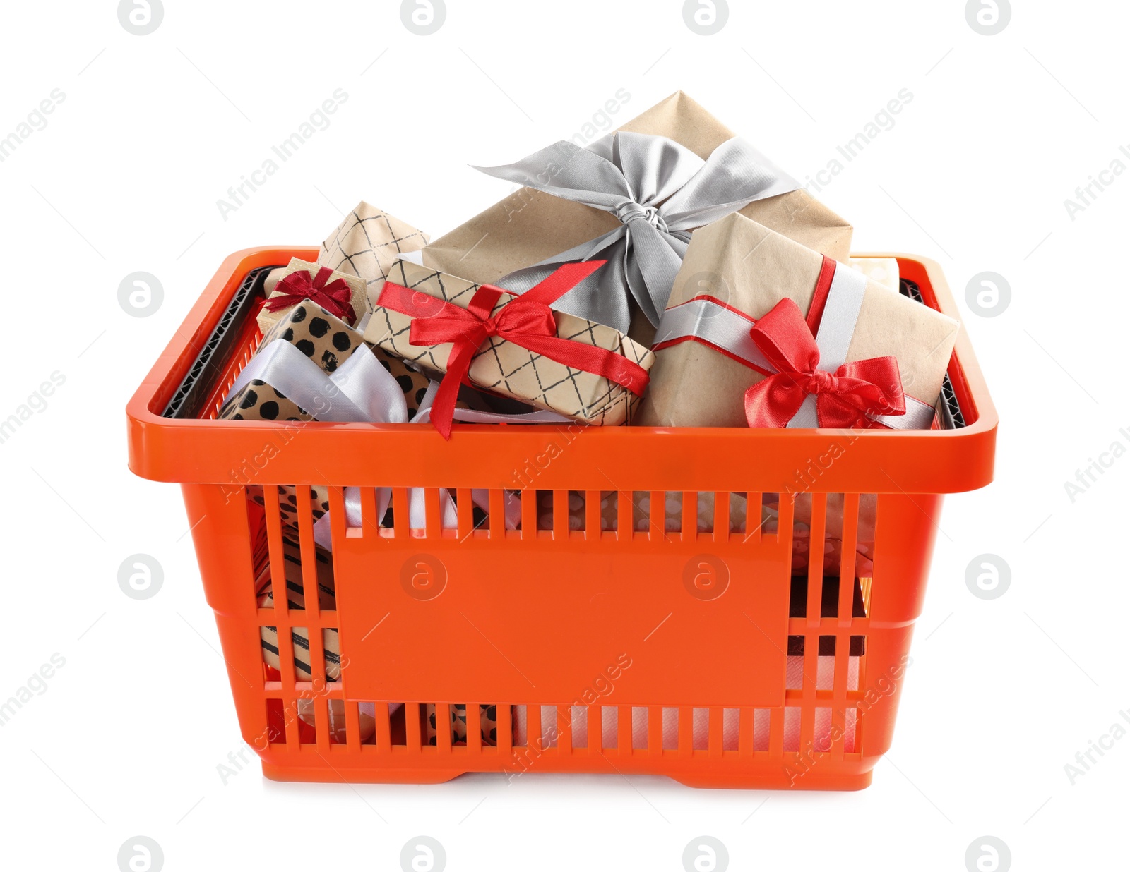 Photo of Orange shopping basket with different gifts on white background