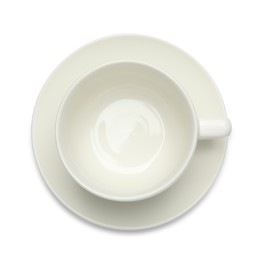 Photo of Empty cup with saucer on white background, top view