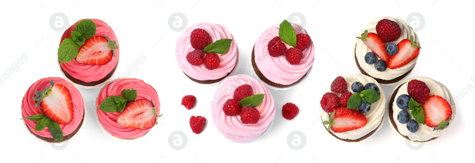 Image of Set with delicious cupcakes on white background, top view. Banner design 