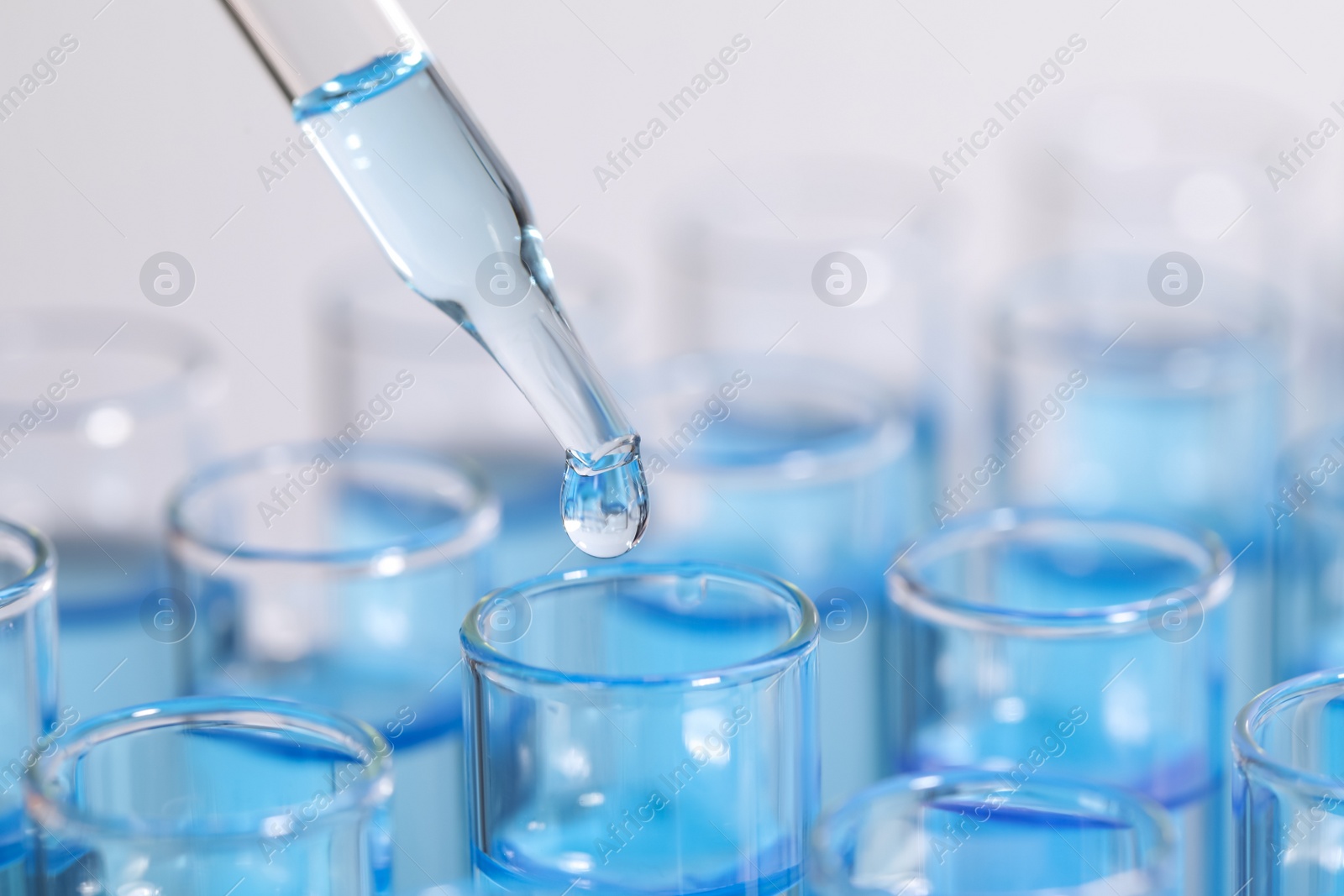 Photo of Dripping reagent into test tube on light background, closeup and space for text. Laboratory analysis