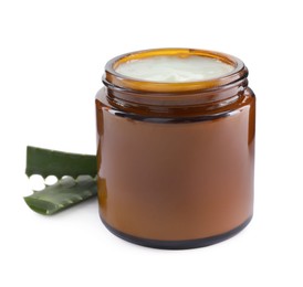 Photo of Jar of hand cream and aloe on white background