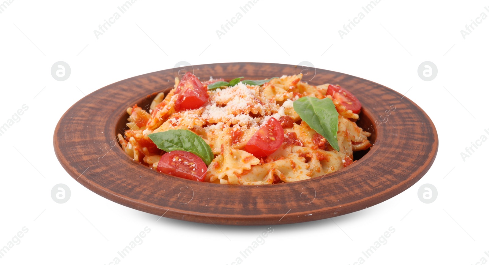 Photo of Tasty pasta with tomato, cheese and basil isolated on white