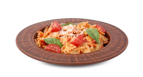 Photo of Tasty pasta with tomato, cheese and basil isolated on white