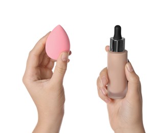 Photo of Woman with bottle of skin foundation and makeup sponge on white background, closeup