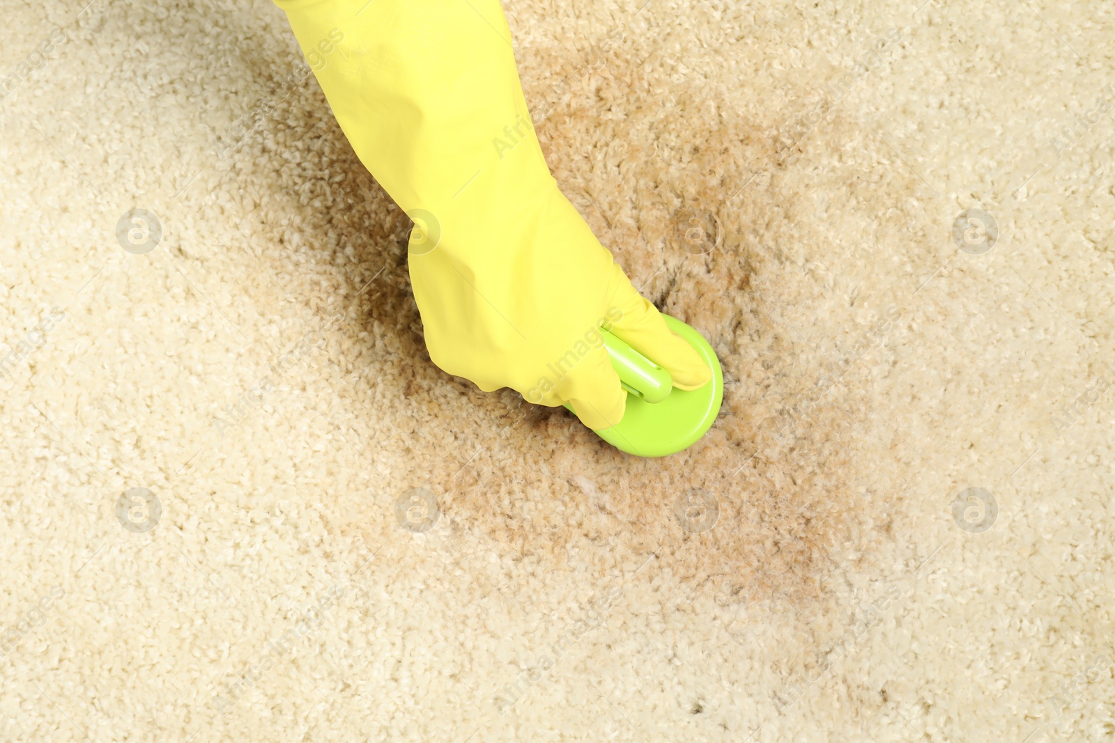 Photo of Woman removing stain from beige carpet, top view