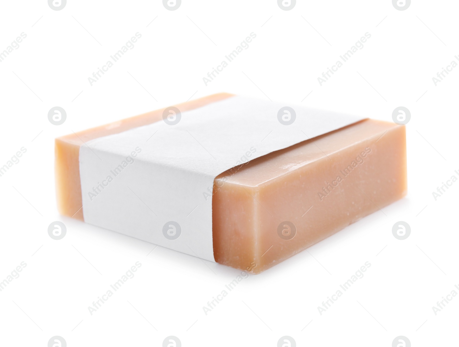 Photo of Hand made soap bar in package on white background. Mockup for design